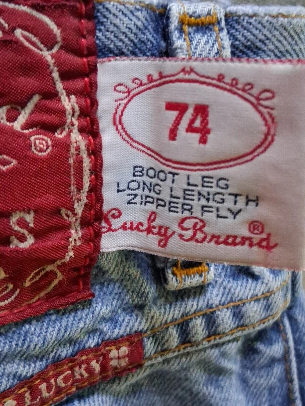 VTG Lucky Brand 74 Boot Leg Jeans 34x34 USA Made Distressed Thrashed